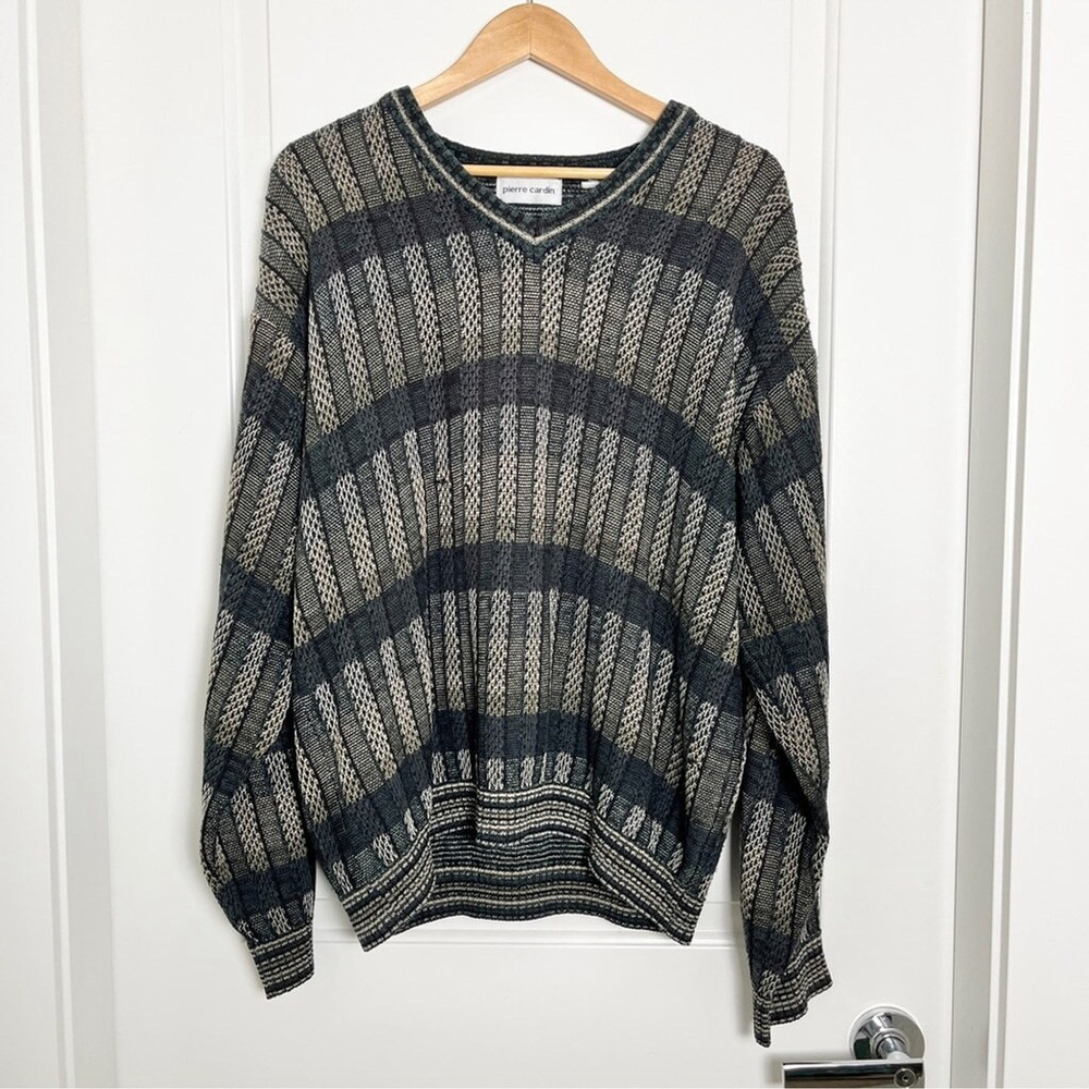 Vintage Pierre Cardin Classic Gray & Beige Striped Knit V-Neck Sweater - XL